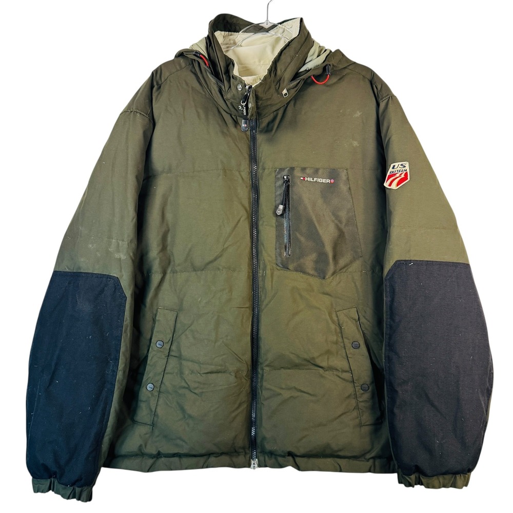 Vtg 2003 Tommy Hilfiger US Ski Team Reversible Down Jacket Olive Cream XL Coat